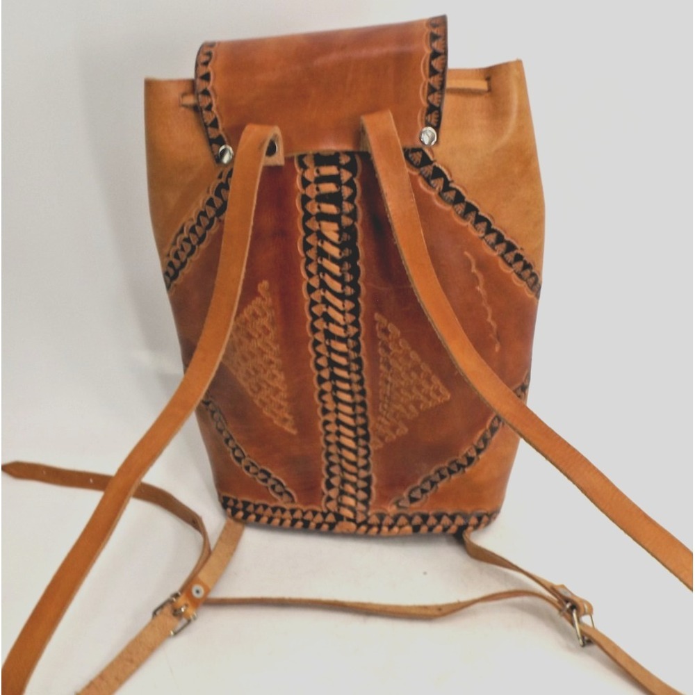 Leather Tooled & Stiched Backpack Purse Aztec design 13 x 9 x 5" - Picture 2 of 16